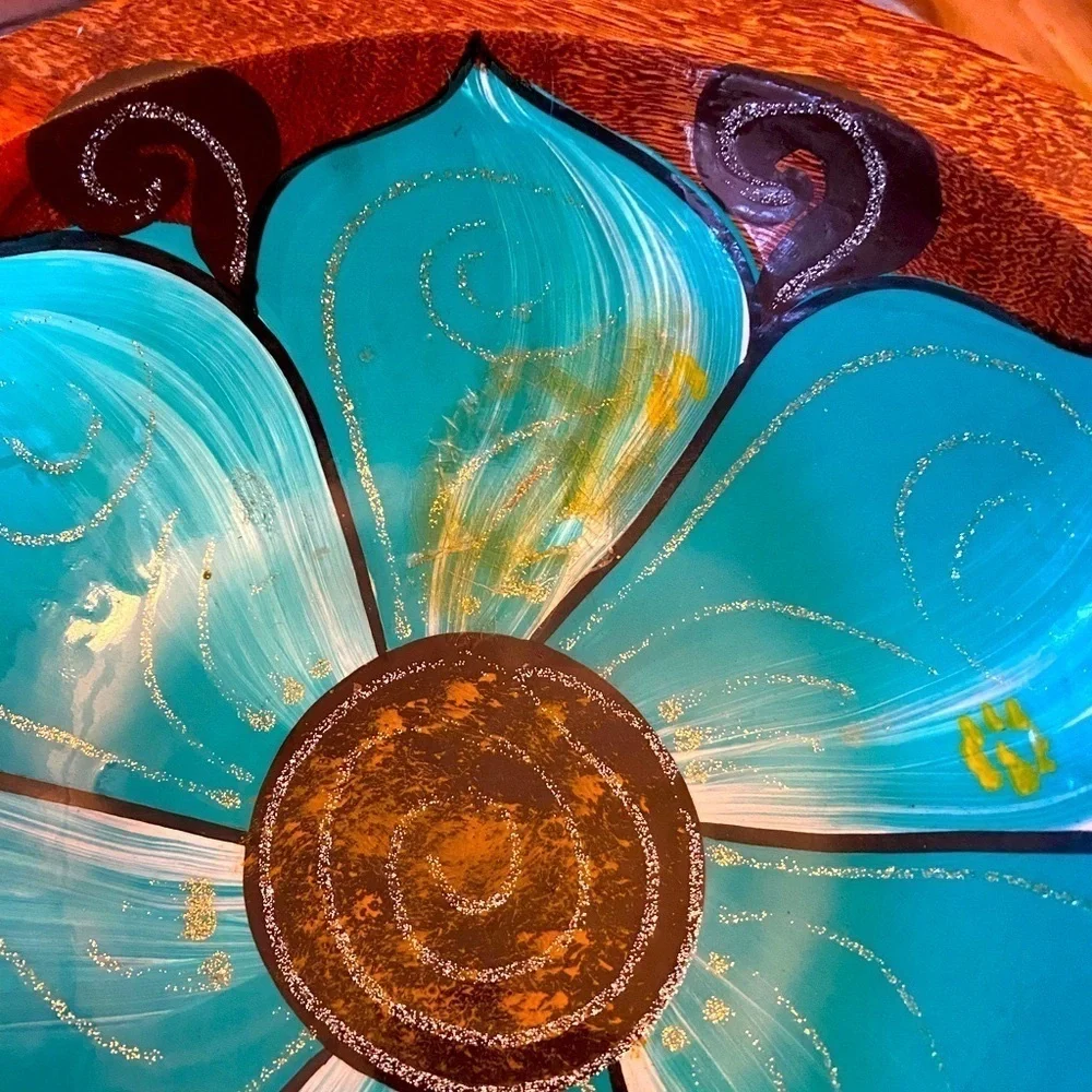 Bowl wooden hand painted clear glaze floral  OSK